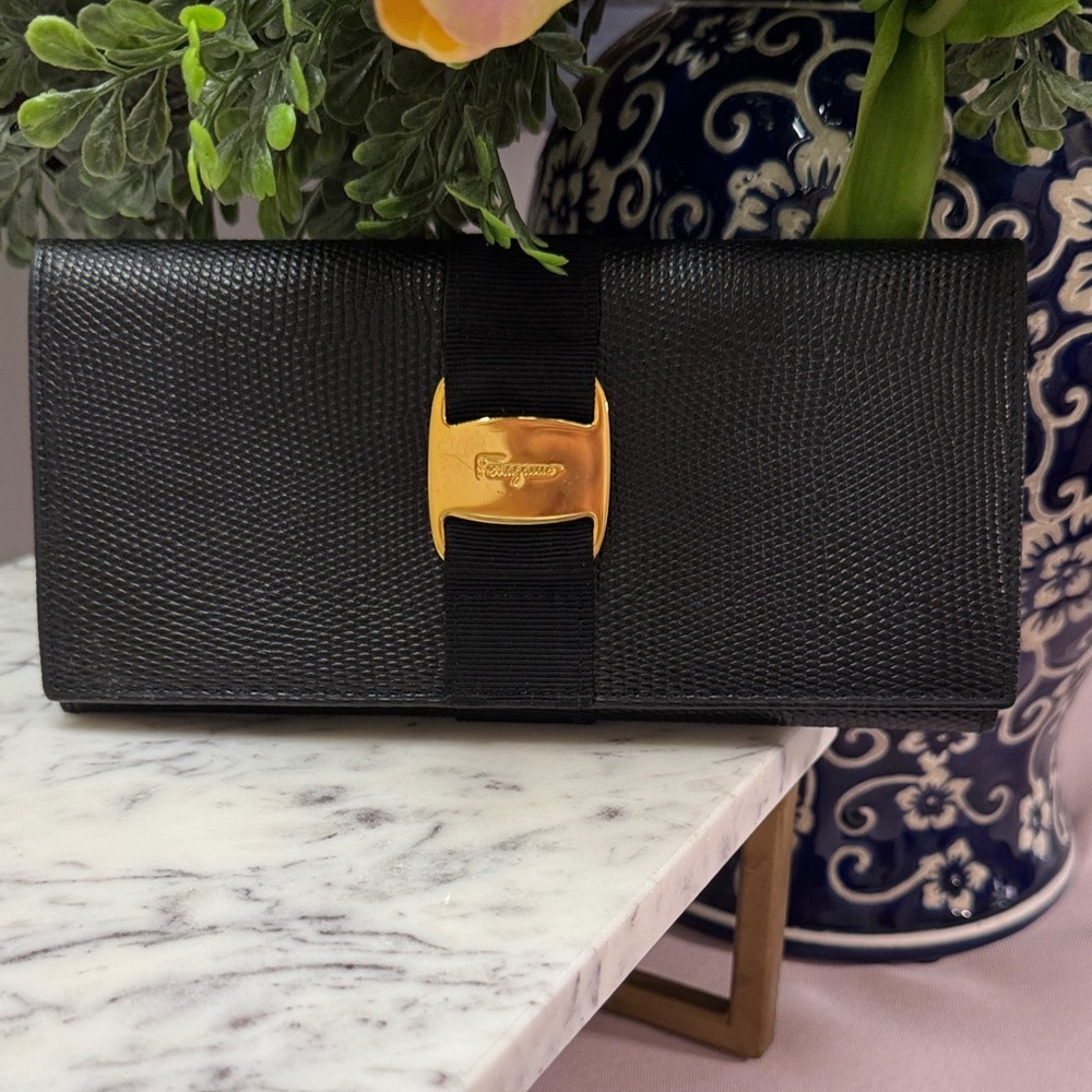 Ferragamo Vera Lizard Leather Long Bifold Wallet - Picture 1 of 11